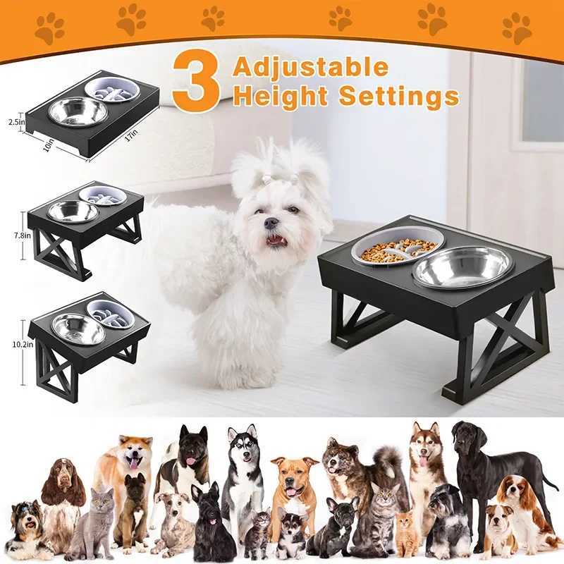 Dog Double Elevated Bowls Stand 3 Adjustable Height Pet Slow Feeding Dish Bowl Medium Big Dog Elevated Food Water Feeders Table J251113