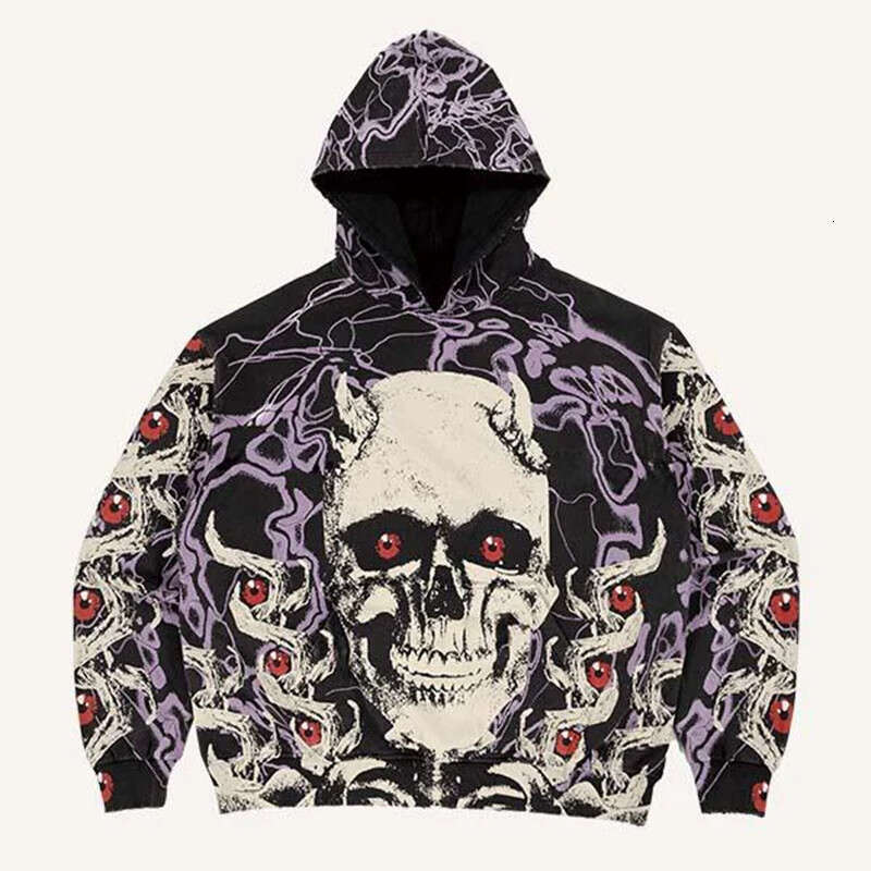 Blue Green American Vintage Hoodie Gothic Skull High Street Oversized Unisex Streetwear Pullover Casual Baggy Sleeve Sweatshirt