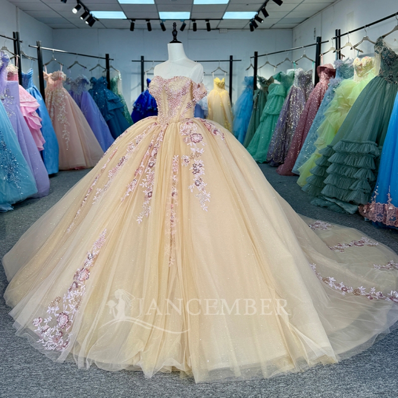 Champagne Shiny Quinceanera Dresses Off The Shoulder Sequin Applique Lace Beading Tull Party Birthday Sweet 16 Dress Vestido