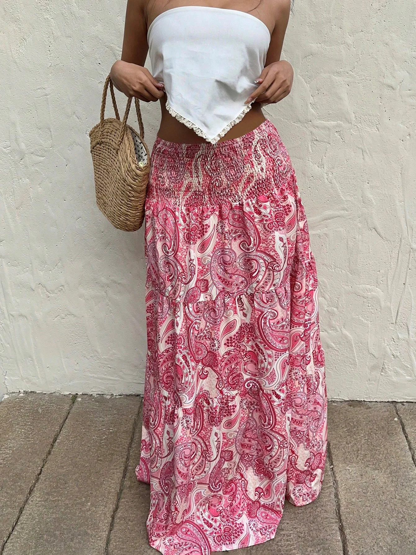 Vacation Style Stretchy Waist Long Maxi Skirt Flowy Beach Skirt with Elastic Waistband 251028