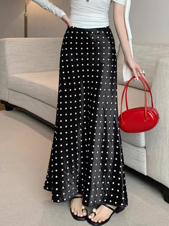 Women Polka Dot Acetate Satin Mermaid Maxi Skirt HighWaisted Slimming Fishtail Hem with Draped Elegance for Spring Autumn 251028