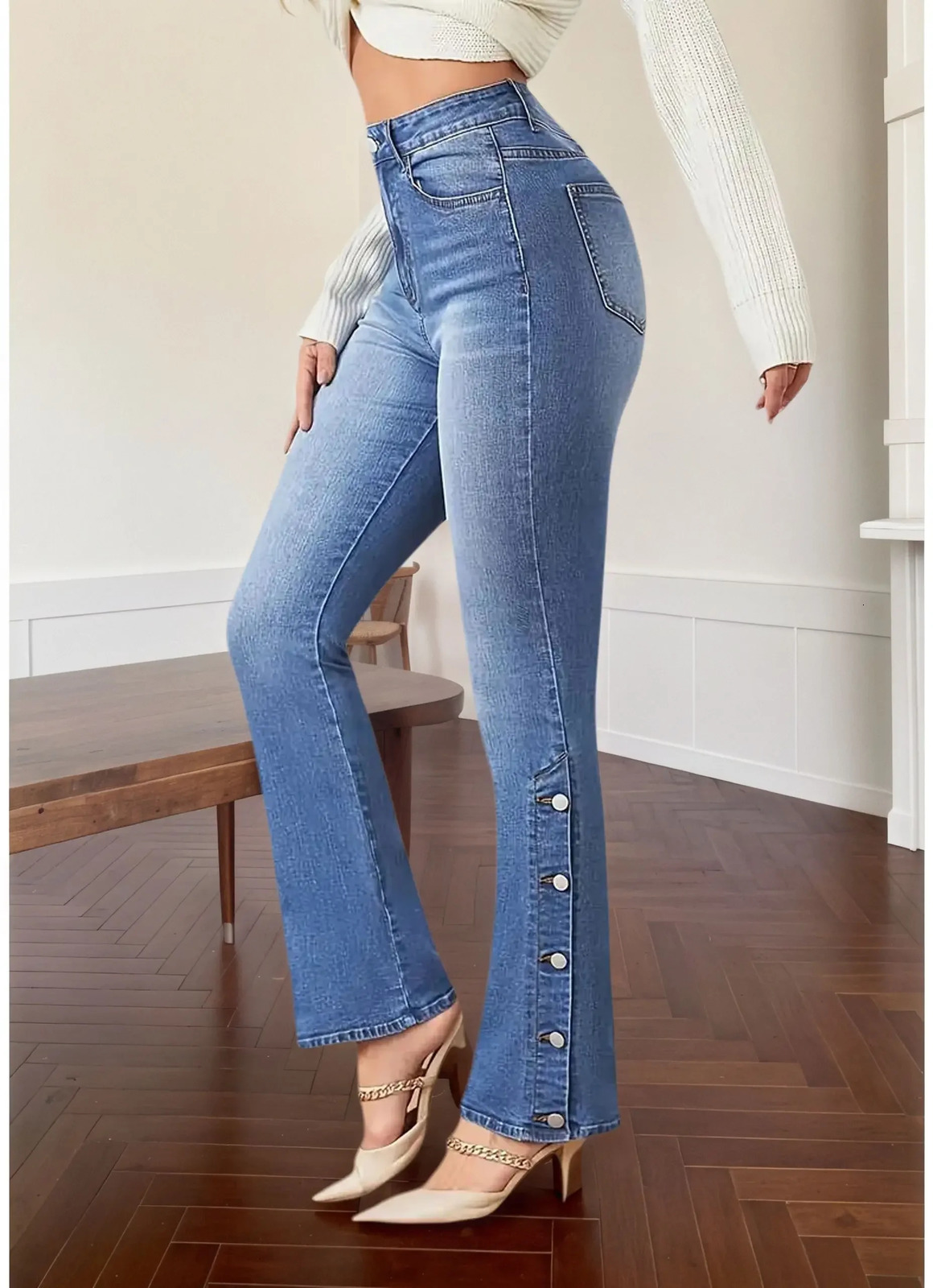 Y2k Jeans For Woman Flared Trousers Vintage Inspired Elegant Look Stretch Fabric Machine Washable Denim Pants Retro Style 251029