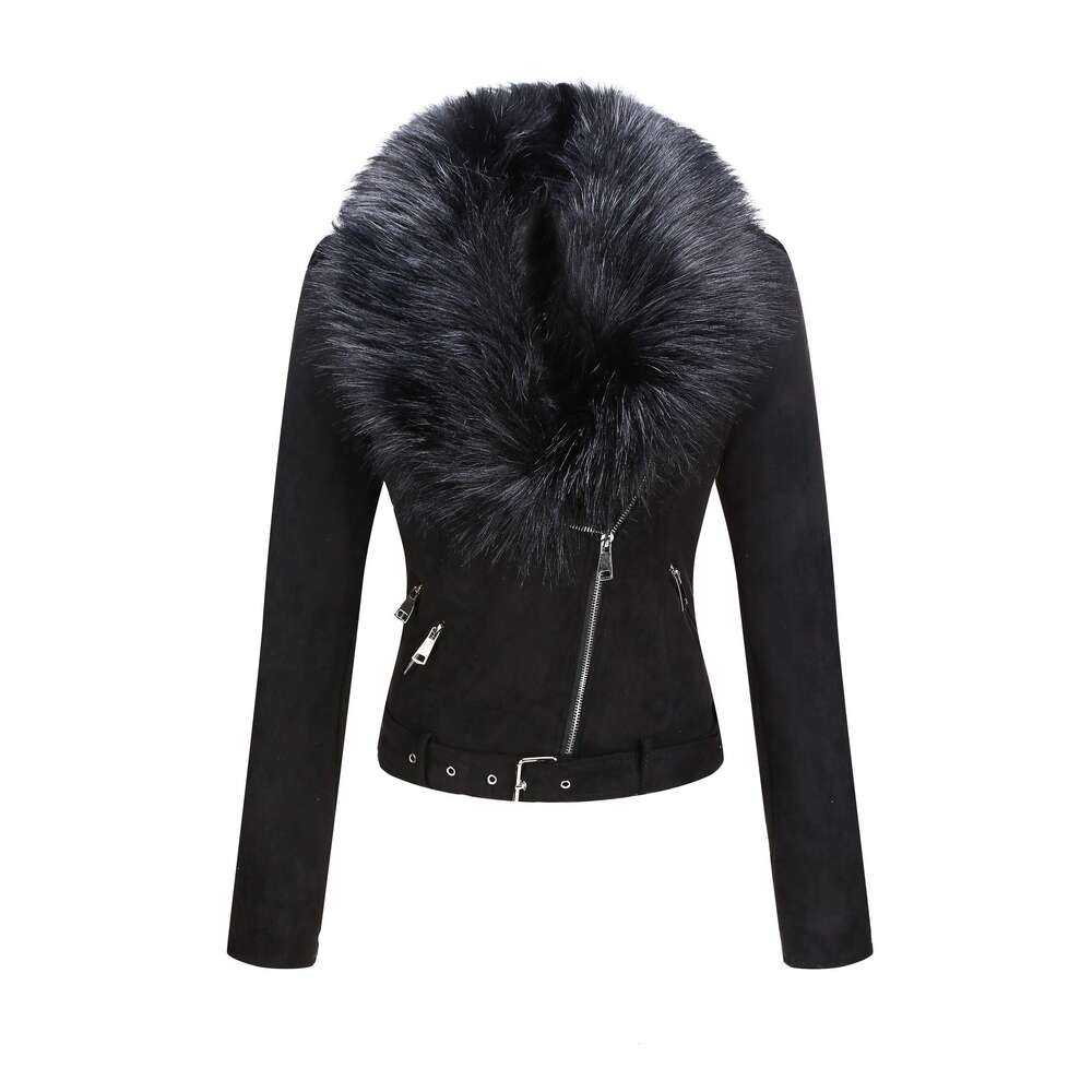 Women S Suede Motorcycle Jacket With Detachable Faux Fur Collar Stylish Winter Outerwear Black Zip Up Closure Long Sleeve Casual Chic Design