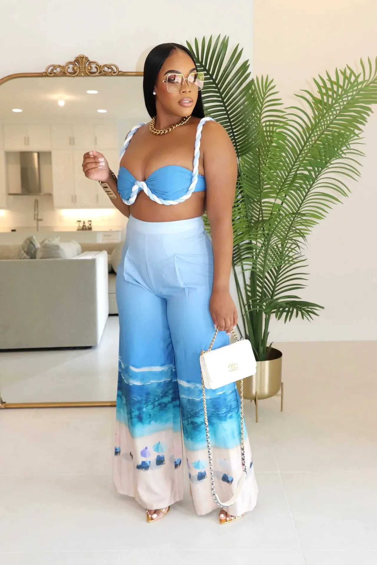 Summer Womens Set Beach Print Sleeveless Strapless Tops Wide Leg Pants Suits Street Two 2 Piece Sets Bohemian Outfits 251029