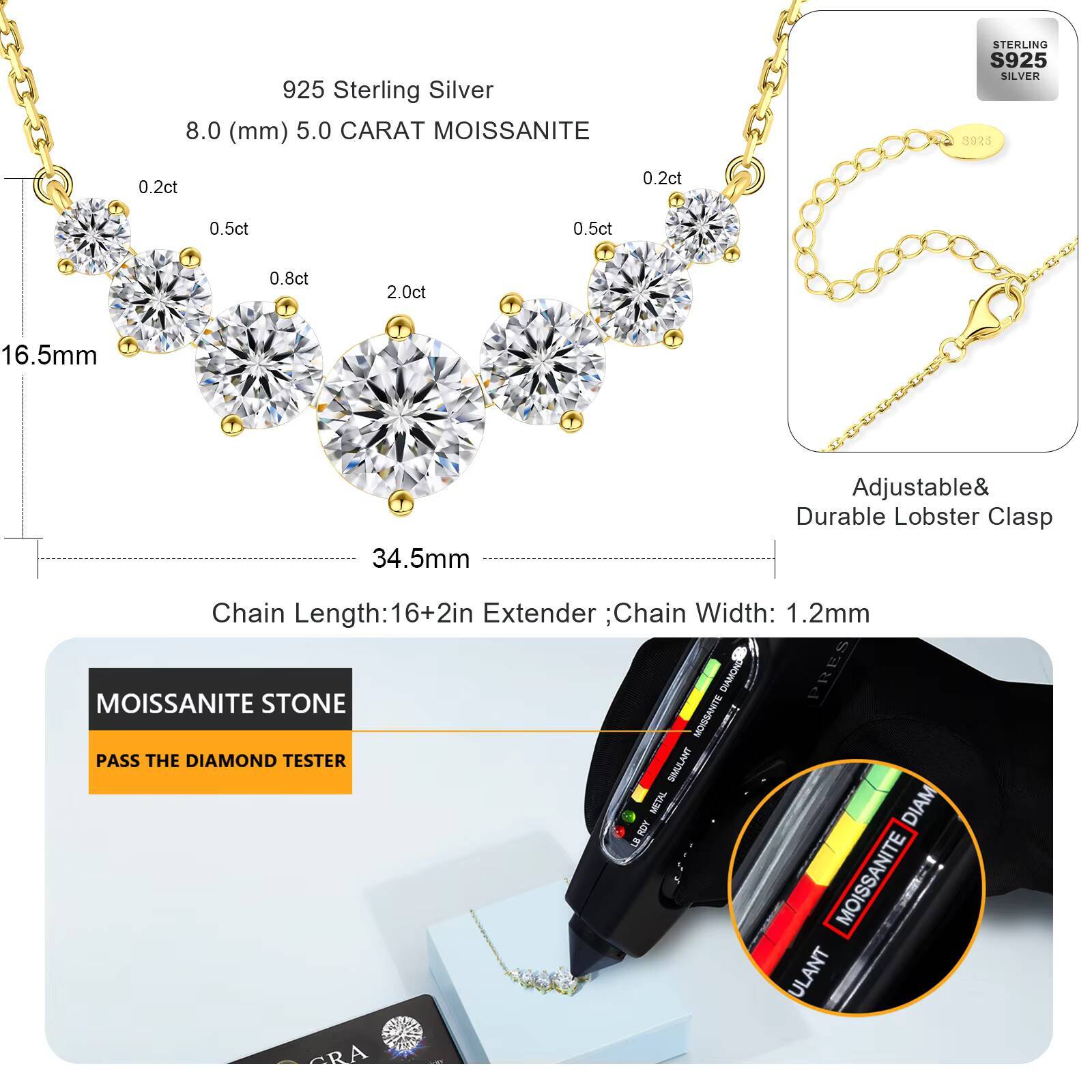 Mossanite Charm Gifts 14K Gold Plated Solid 925 Sterling Silver 50CT GRA VVS Moissanite Lab Diamond Pendant Necklace for Women