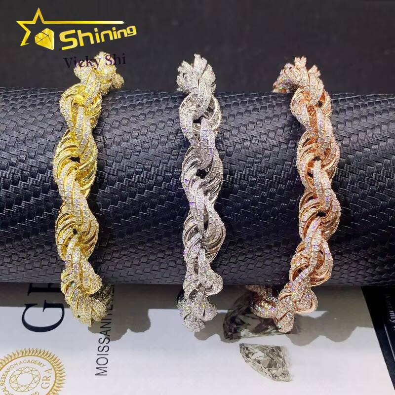 Moissanite Hip Hop Jewelry Gold Plated 6MM10MM VVS Moissanite Rope Chain S925 Silver Men Moissanite Bracelet