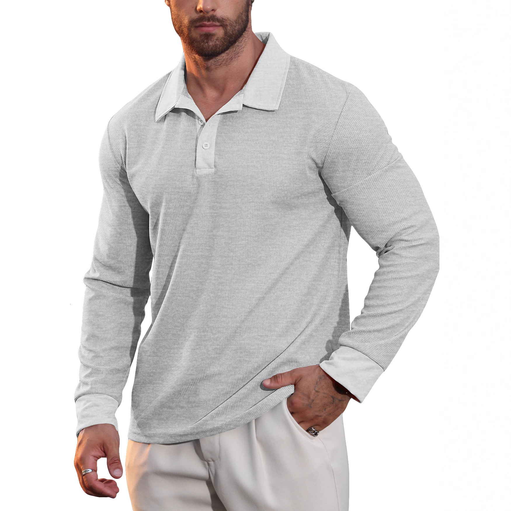 Fitted Fashion Plaid Autumn New Men's Waffle Collar Polo Shirt American Casual Vacation Long Sleeve T-Shirt