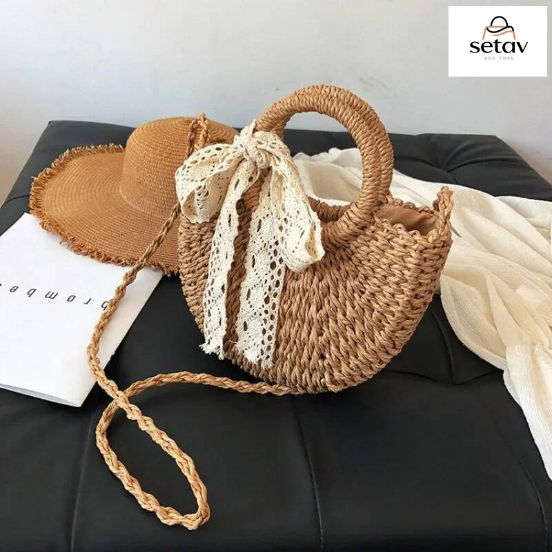 Luxury Handbag Straw Women Hand-Woven Handbag Moon Shape Lace Bow Rattan Big Capacity Drawstring Casual Beach Shoulder Crossbody Bag Handbag