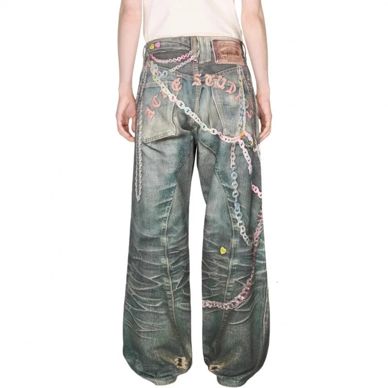 Loose Wide Leg Denim Jeans Retro Candy Chain Print Unisex Spring Summer Style Loose Low Waist Trousers for Couples 251029