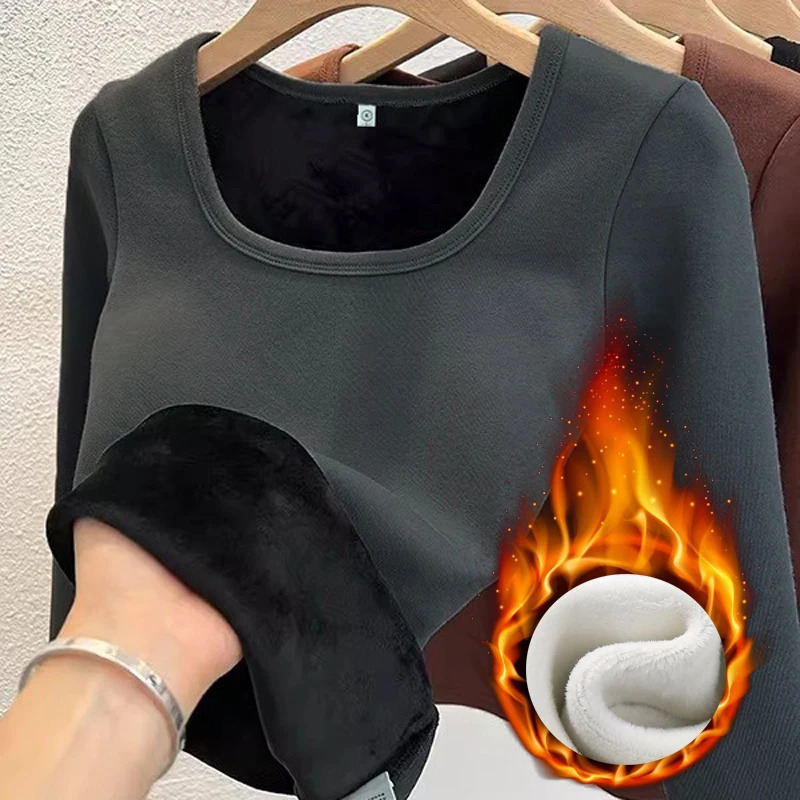 Womens Long Sleeve Top Thermal Underwear Tops Square Collar Fleece Basic Pullover Fashion Thermal Shirt Winter Clothes Woman 251030