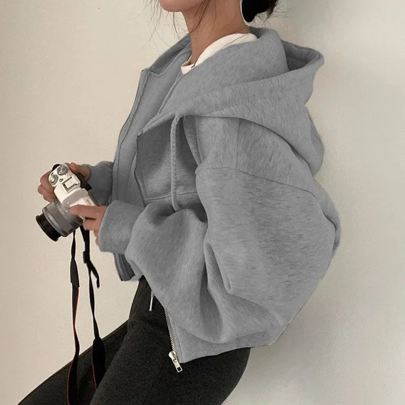 Casual Hood Sweatshirt Women Y2K Zip Up Hoodies Solid Harajuku Long Sleeve Shirt Crop Tops Female Loose Jackets Coat 251030
