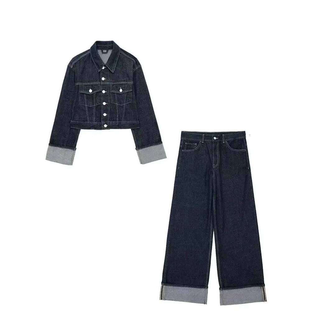 HH Women Vintage Denim Jacket Pant Sets Single Breasted Lapel Long Sleeve Coat Wide Leg Trousers Jeans High Street Outfits