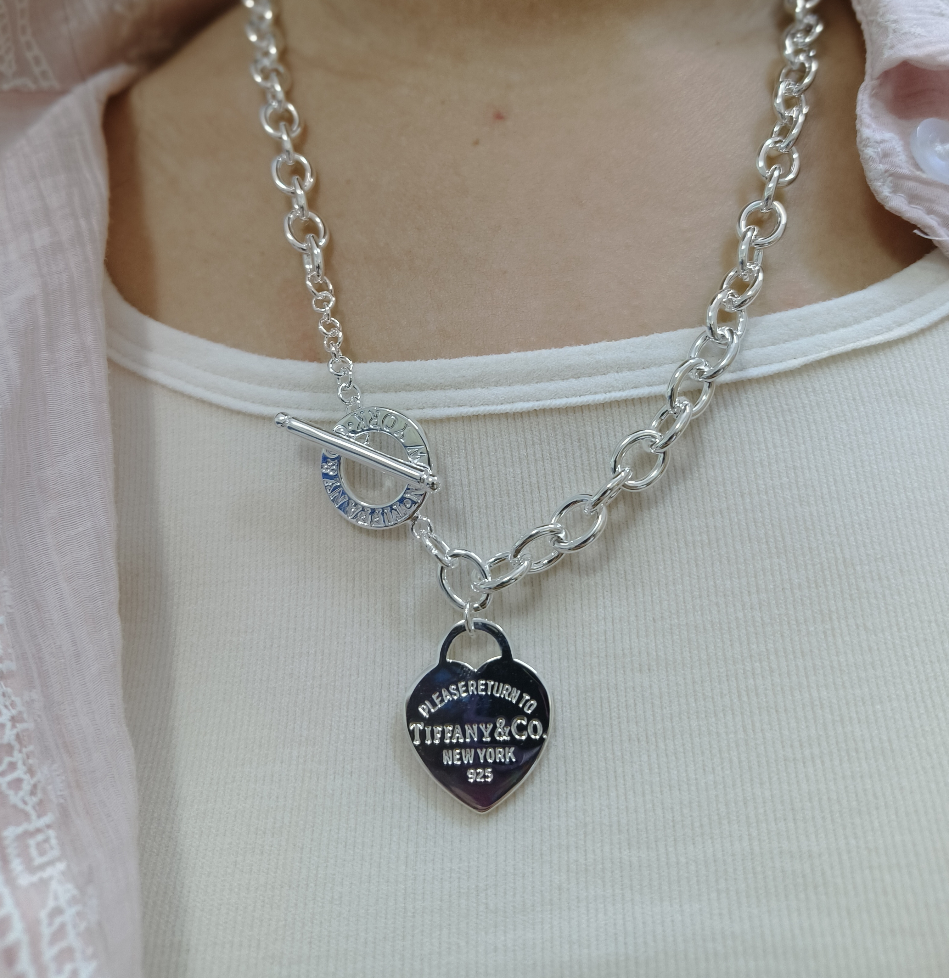 925 Sterling Silver Heart Circle Link Chain Necklace Jewelry Gift For Women