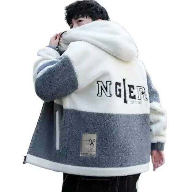 Men's Thickened Lamb Veet Jacket Winter Hooded Particle Cotton Clothes Student Fashion Brand Inner Fleece Coat