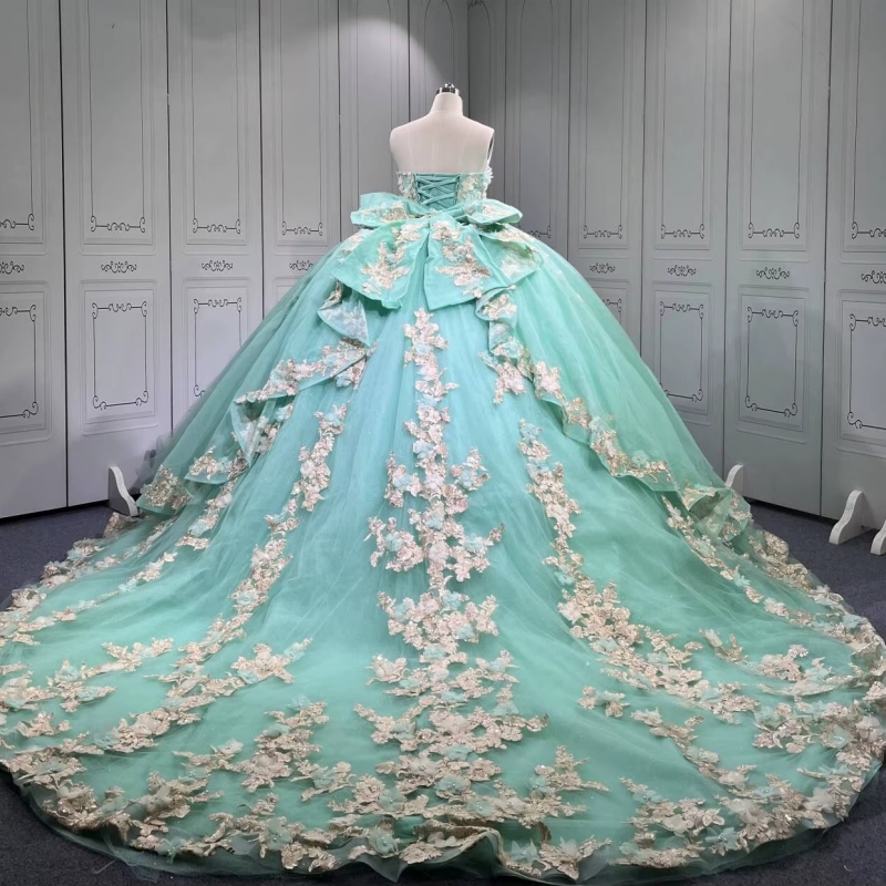 Green Shiny Quinceanera Dresses Off The Shoulder Applique Flower Beading Bow Tull Party Birthday Sweet 16 Dress Vestidos 15 Anos