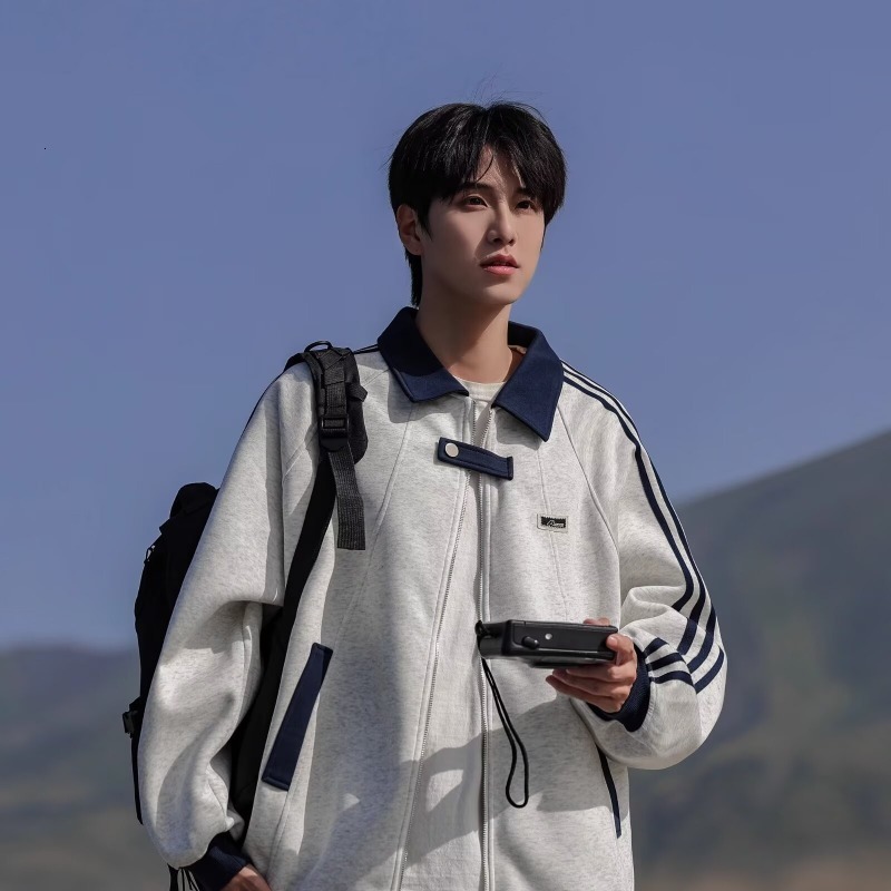 Three Stripes Color Block Turn-down Collar Sweatshirt Men's 2025 Spring Autumn New American Style Designer Coat Trendy Loose Casual Jacket