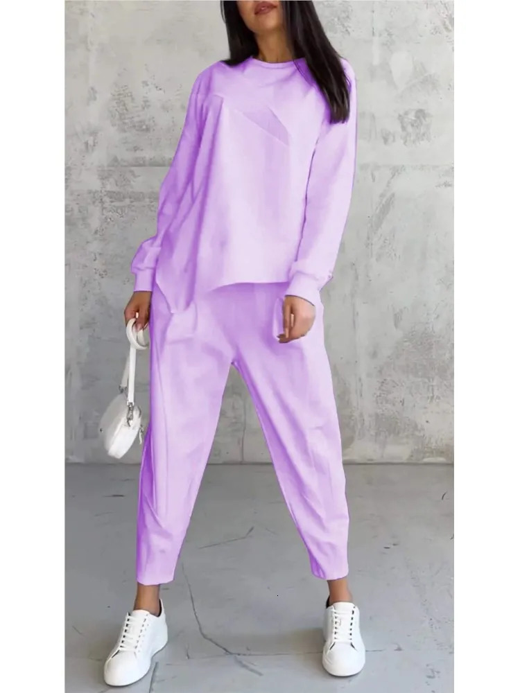 Women Casual Solid Set Fashion O Neck Long Sleeve Loose Top And Long Pants Two Piece Sets Lady Spring And Autumn Sports Sets 251029