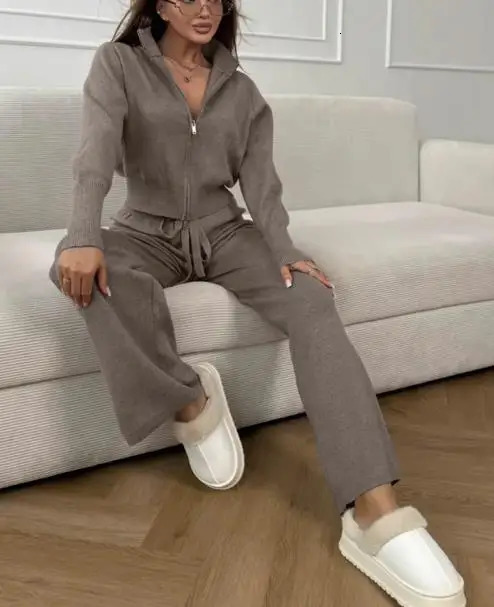 Two Piece Set Women Outfit Autumn Winter Double Zipper Long Sleeve Knitted Top High Waist Casual Pants Set 251029