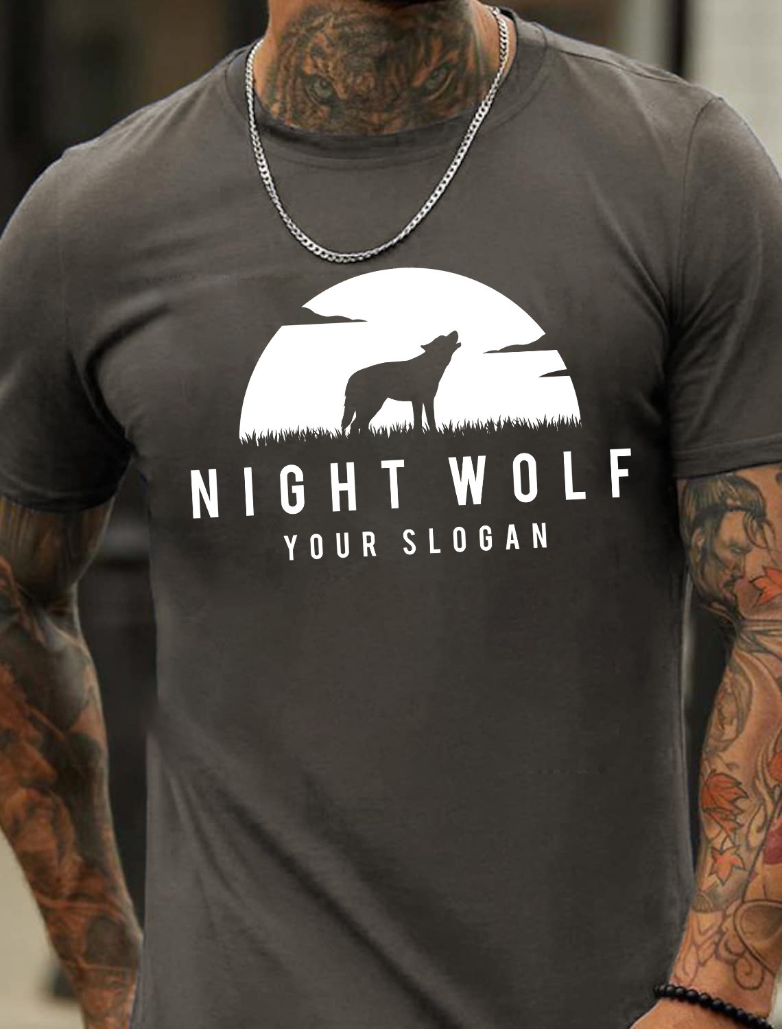 European & American Oversized Men's Cotton Summer T-Shirt with Howling Wolf Print Under the Full Moon - TT7188