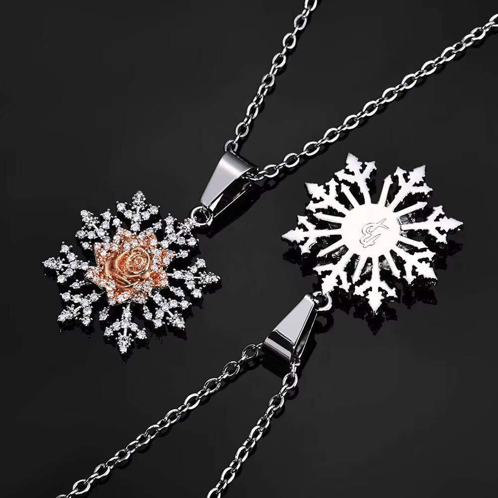 NUOYA Fashion Christmas Jewelry Sparkling Snowflake Pendant With Roses Flowers Full Diamond Pendant Necklace Jewelry Present Designer's style