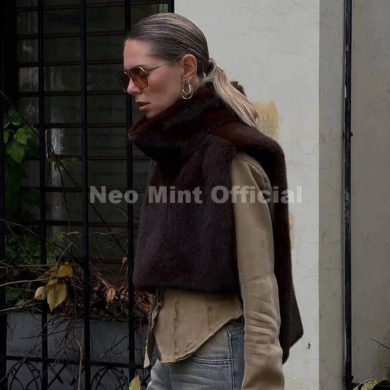 winter jacket women Neo Mint Brand Fashion Faux Sable Vest Crop Top Autumn Winter Turtleneck Eco Mink Fur Tank Tops Sleeveless Jacket Coat