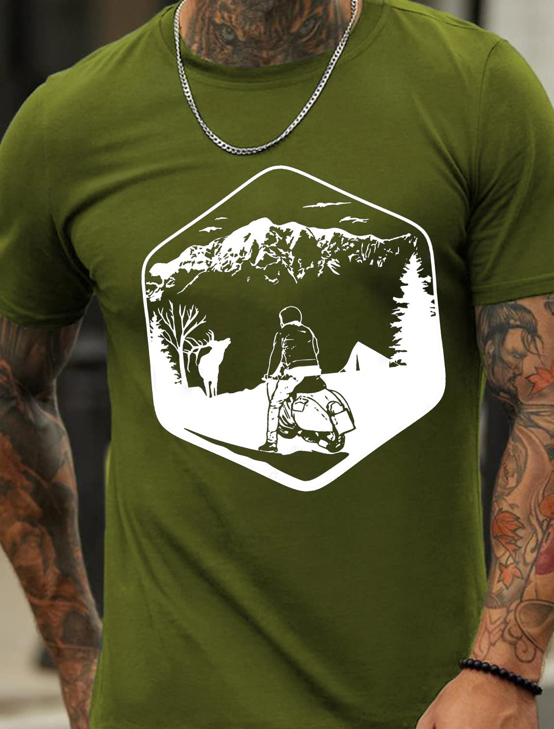 European and American Oversized Mountain and Motorcycle Print Men's Cotton Summer T-Shirt - TT7252