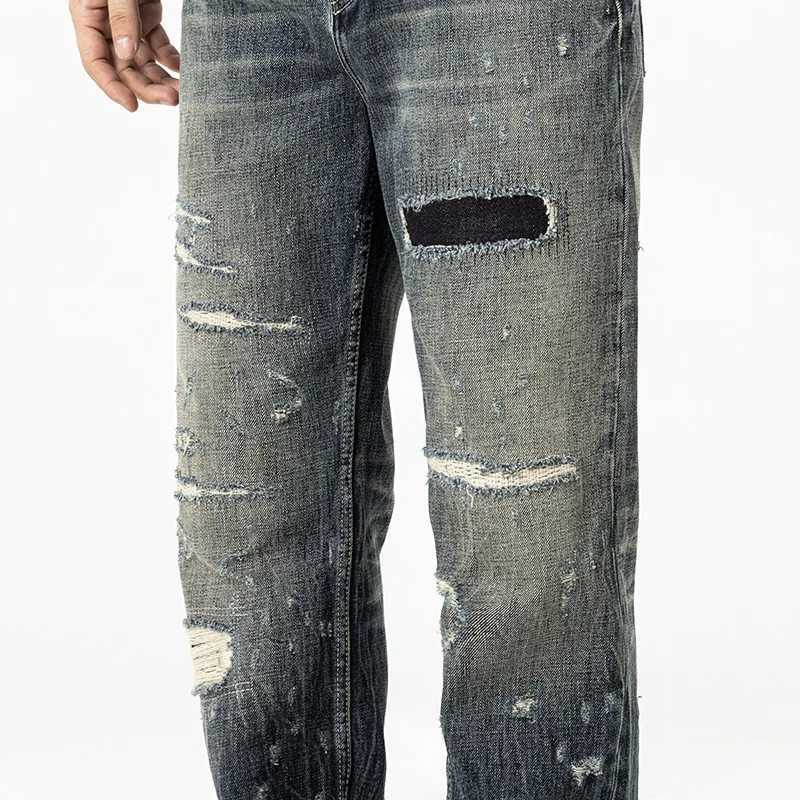 Retro jeans mens highend ripped and scraped patch design heavyweight washed nostalgic straight leg pants J251030