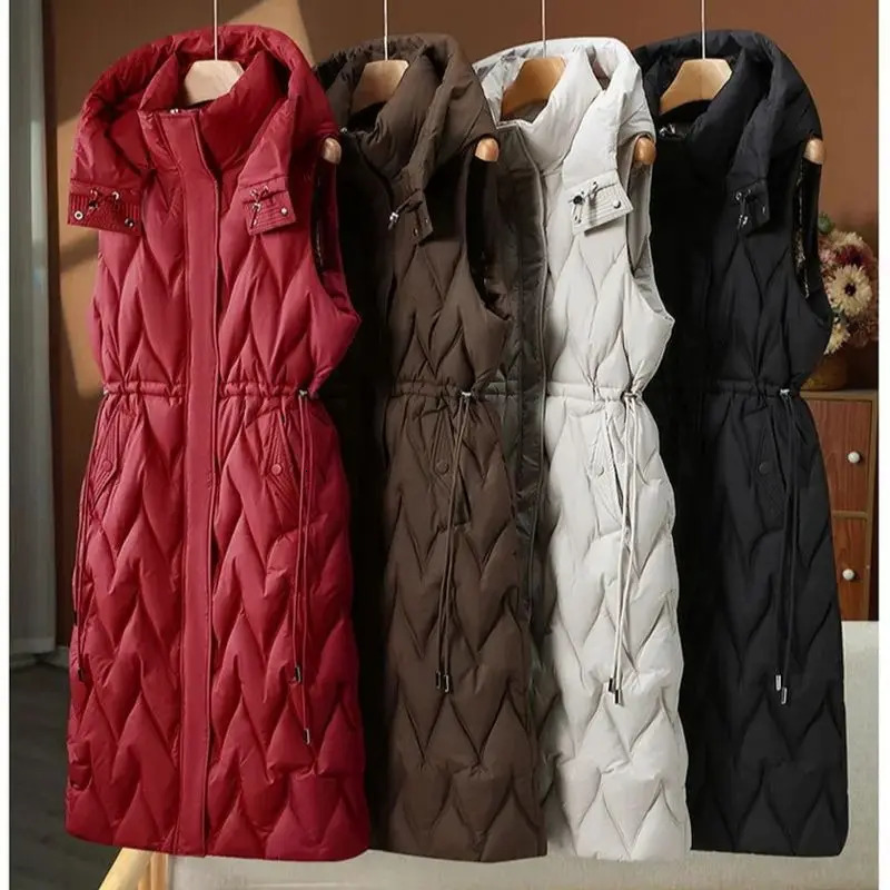 Women Autumn Winter Coat Mid Long down Cotton Vest Korean Hooded Sleeveless Jacket Female Waistcoat Outwear Chaleco Mujer 251024