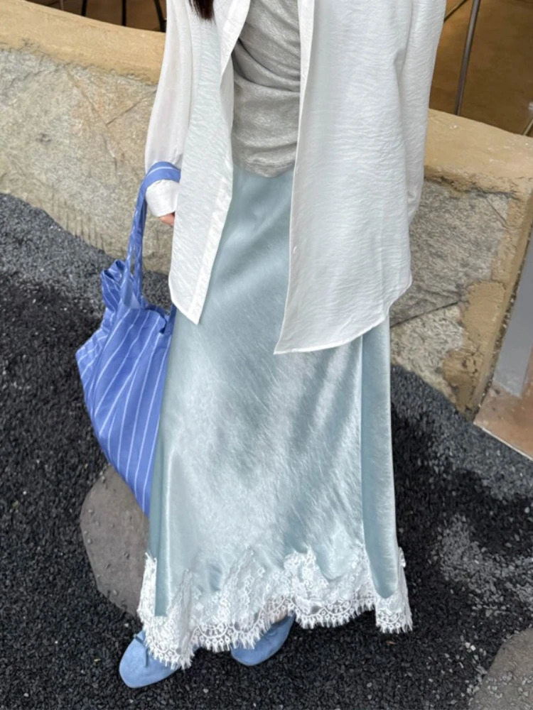 Satin Lace Patchwork Midi Skirt 2025 Women Aline Elegant Smooth Skirt Women Clothing 251028