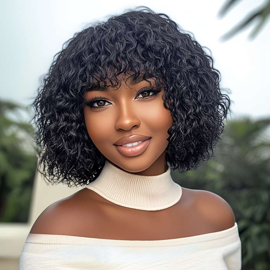 Lekker Brazilian Remy Human Hair Wig - Short Pixie Cut Bob With Bangs, Curly Wave Texture, Natural Black To Blonde Ombre Highlights P4/30/27, Density,