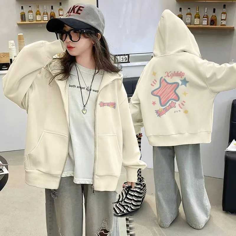 Girls American Streetwear Star Print FleeceLined ZipUp Hoodie AutumnWinter Stylish DesignT251030