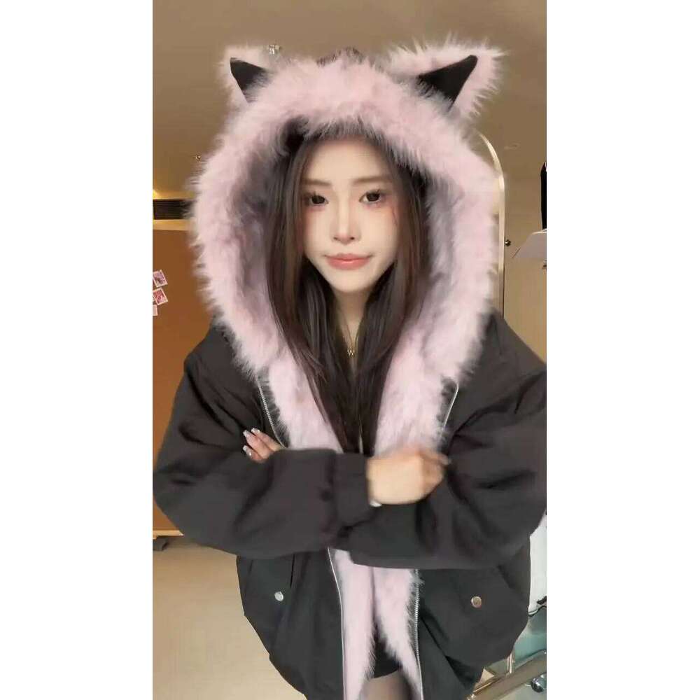 Reversible Rabbit Ear Hooded Jacket Women Winter Pink Plush Fleece Lined Warm Dual Wear Soft Teddy Coat