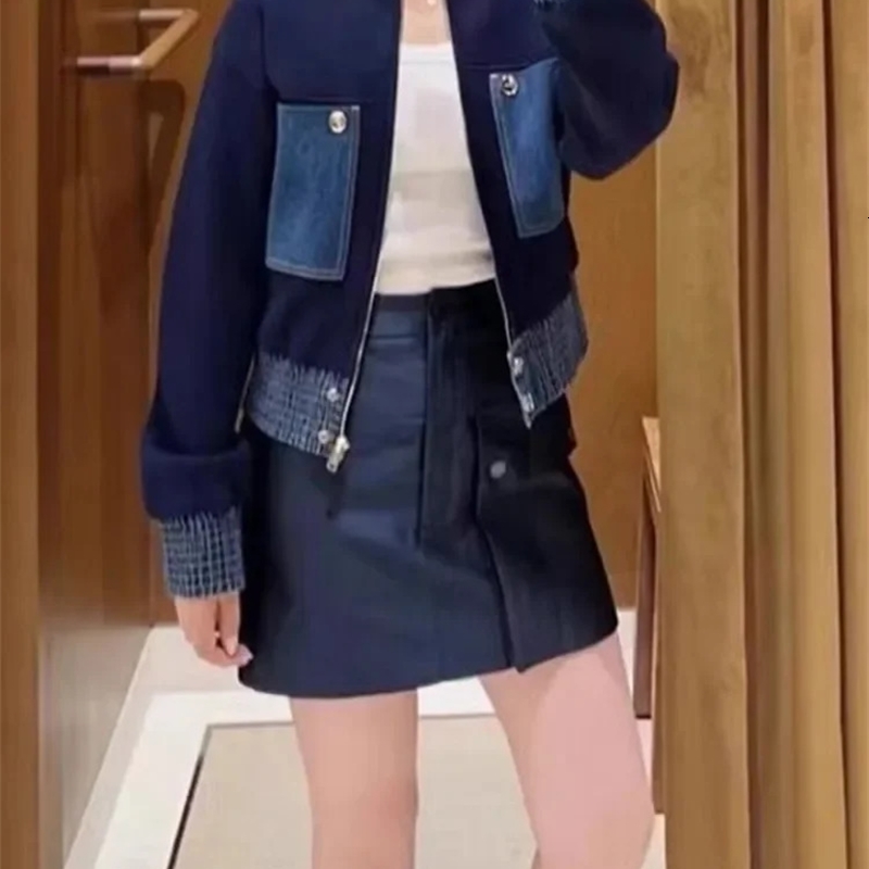 Women Denim Splice Knit Zipper Cardigan Pocket Patch Turndown Collar Long Sleeve Female Short Sweater Coat 2025 Spring 251029