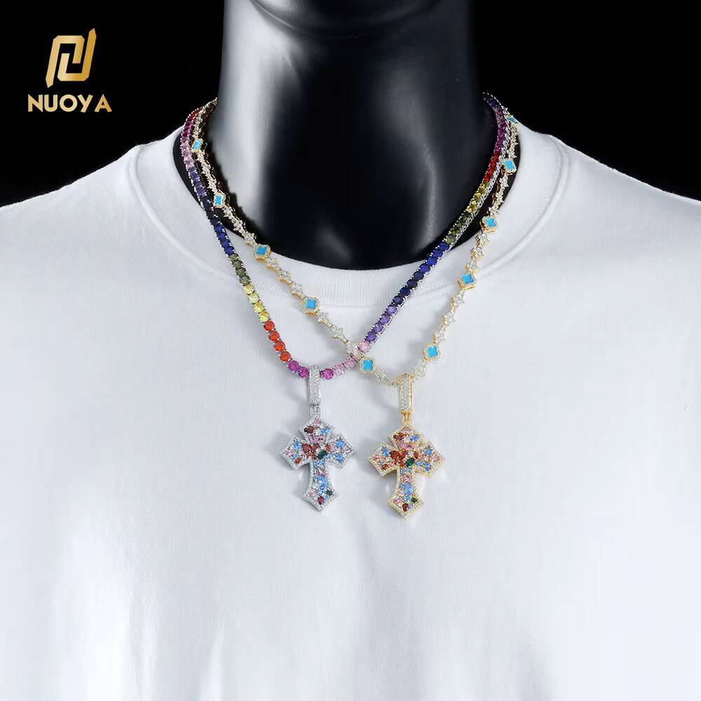NUOYA Custom Colorful moissanite Iced Out Cross Pendant for Women High Quality Multi Color Diamond Pendant Hip Hop Rappers Jewelry Designer's sty