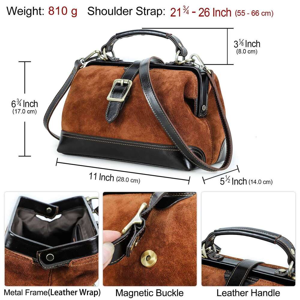 Contact's Genuine Suede Leather Handbag For Women Sling Shoulder Metal Frame Crossbody Bag Tote Doctor Bags Office Ladies
