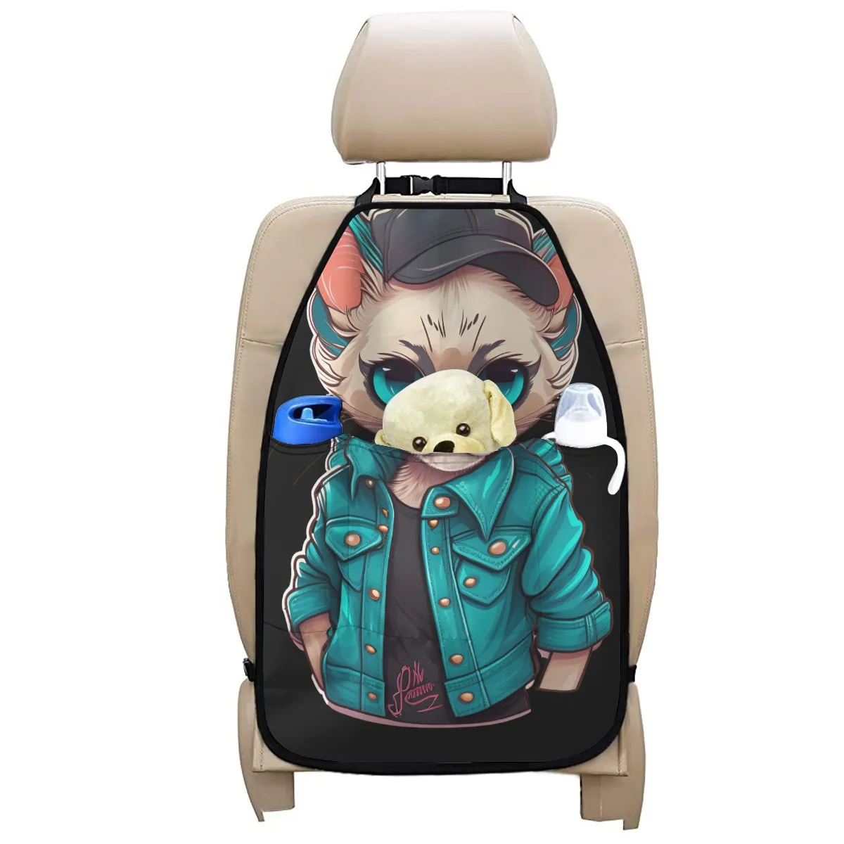 Car Seat Back Organizer with Multiple Pockets, Black Polyester Storage Bag for Headrest, Vehicle Seat Organizer with Black Frame