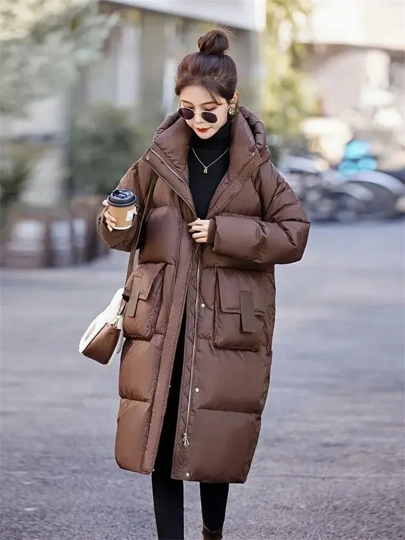 Mid to Long Down Jacket Knee Length Winter Item Thickened Warm Fashionable Loose Versatile Jacket Womens Solid Color 251030