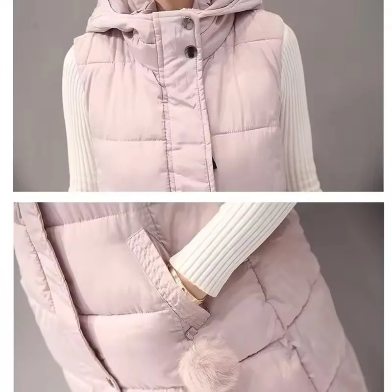 2025 Midlength Down Cotton Vest Coat Womens Autumn Winter Solid Hooded Casual Zipper Waistcoat Female Sleeveless Parkas 251024