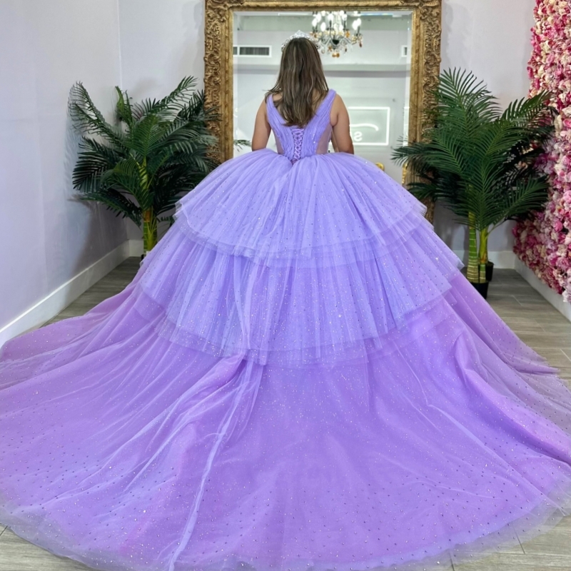 Lavender Shiny Quinceanera Dresses Off The Shoulder Beading Tiered Tull Party Birthday Sweet 16 Dress Vestidos 15 Anos