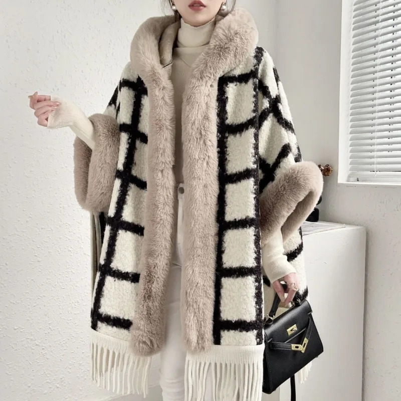 Women Big Fur Collar Outstreet Winter Thicken capas y Poncho Cape dress Striped Long goth Cloak Loose Tassel Coat JJ537 251029