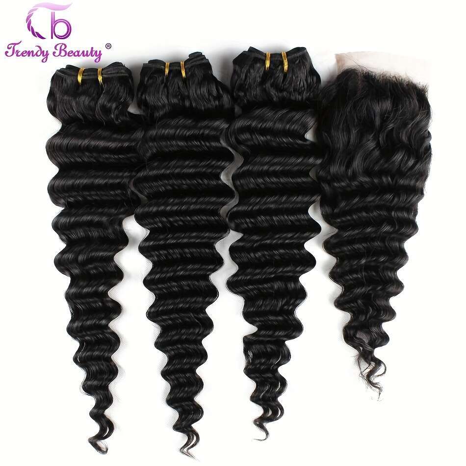 Brazilian Virgin Human Closure Unprocessed Hair Deep Wave Bundles With Transparent Lace 4X4 Free Part 4Pcs