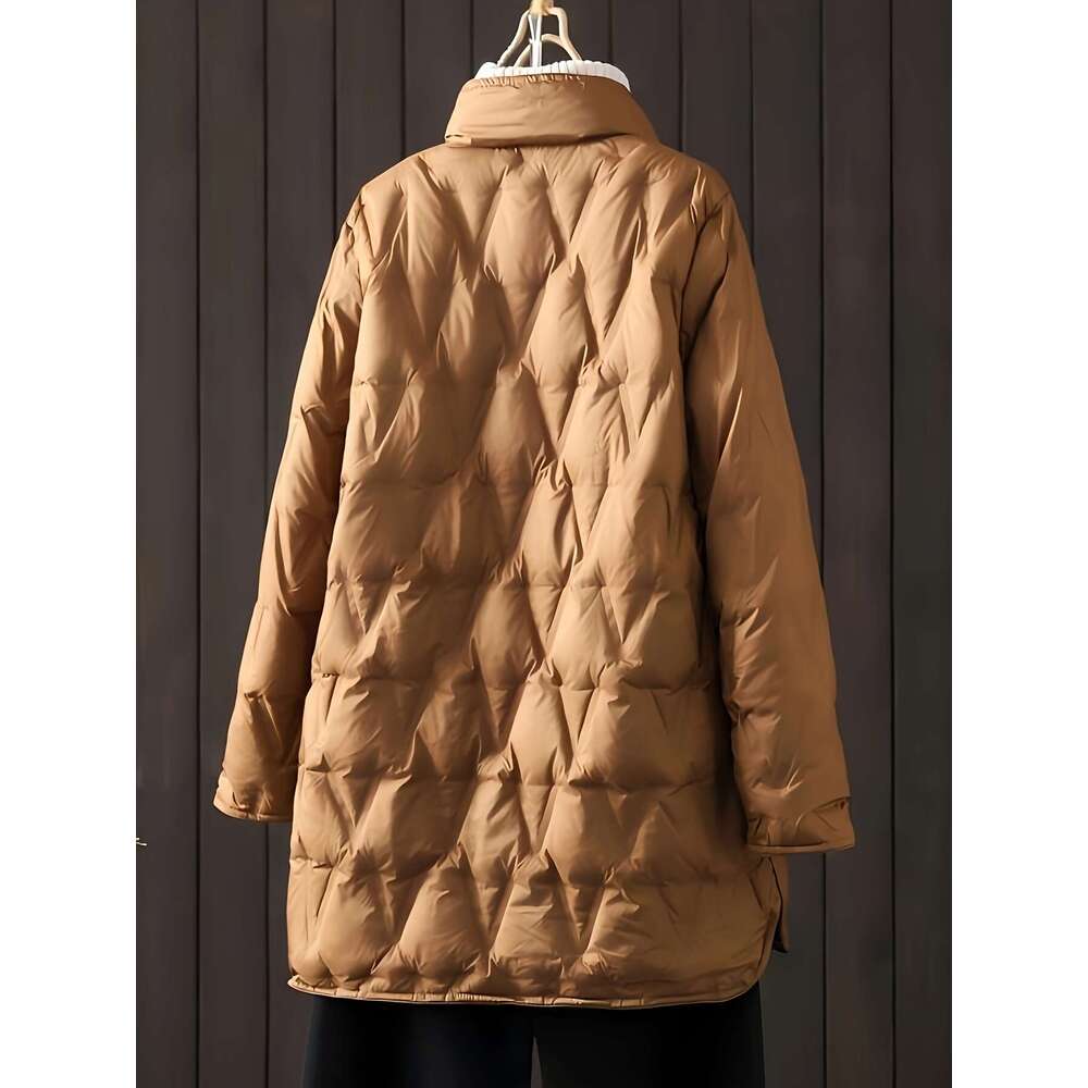Women S Coat Thick Insulated Long Jacket With Stand Up Collar Front Button Closure Non Stretch Fabric For Cold Weather Office Everyday Formal Events