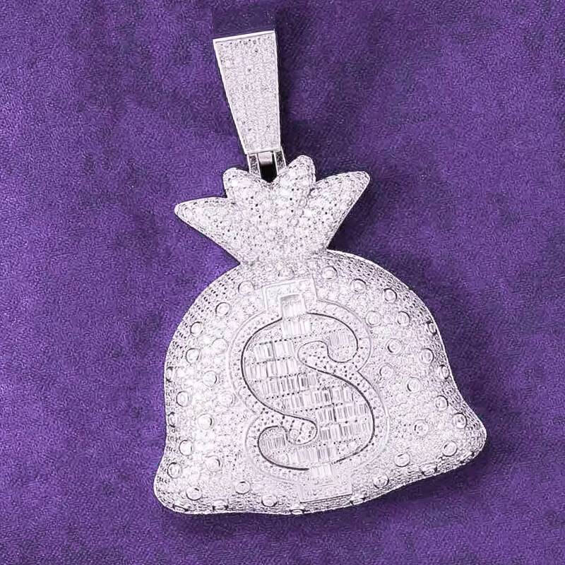 Hip Hop GRA D Color Moissanite Mens Baguette Money Bag Pendant With 925 Sterling Silver Pass Diamond Tester