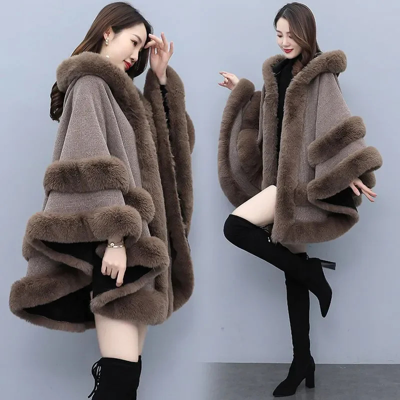 2025 Autumn Winter Fashion Loose Casual Chic Bat Sleeve Coat Woolen Hooded Shawl Big Fur Collar Warm Cape Coat Women Outwear 251029