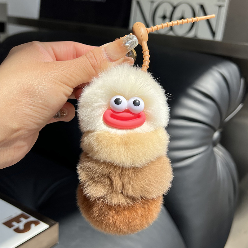 Adorable Caterpillar Rabbit Fur Plush Keychain Doll Car Accessory Backpack Charm Gift