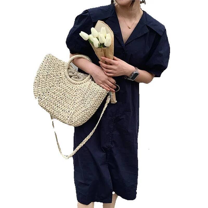 Luxury Handbag Straw Woven Handbags For Women Handmade Travel Seaside Beach Summer New Handle Bucket Shopping Tote Bag Basket Bolsa Handbag