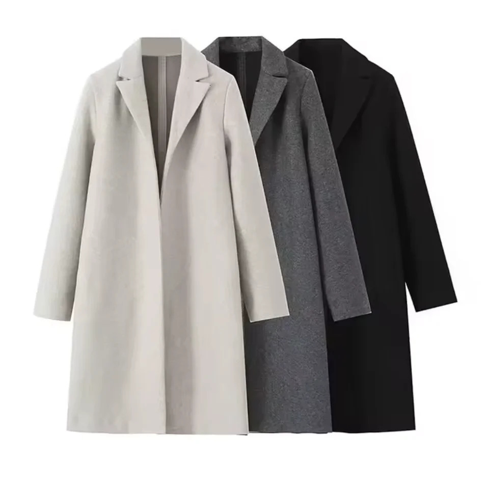 Women Woolen coat Fashion Solid Open Stitch Long Trench Coats Vintage VNeck Full Sleeves Female Chic Lady Outfits 251028
