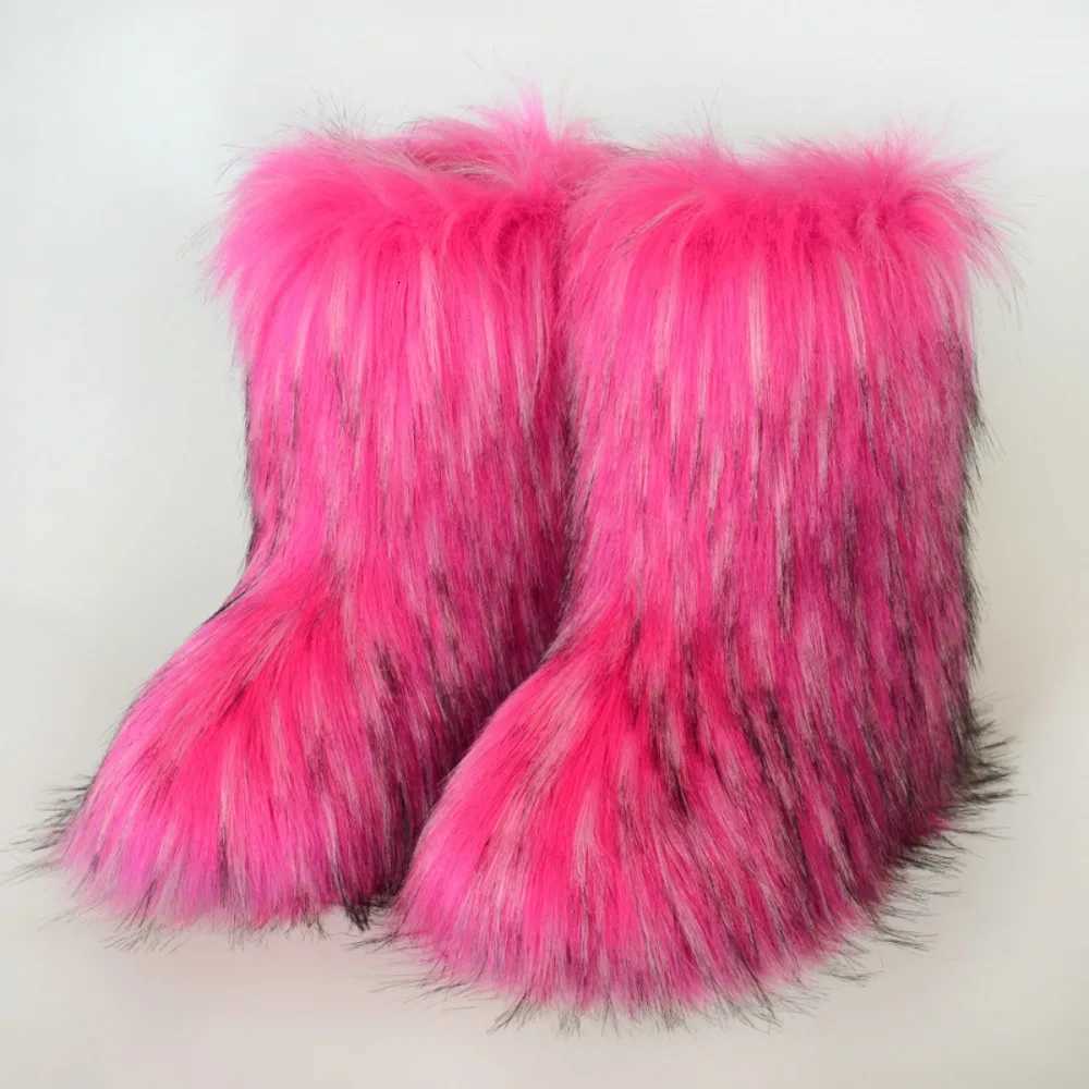 Womens Furry Boots Warm Shoes MidCalf Raccoon Fur Winter Snow Boots Z251029