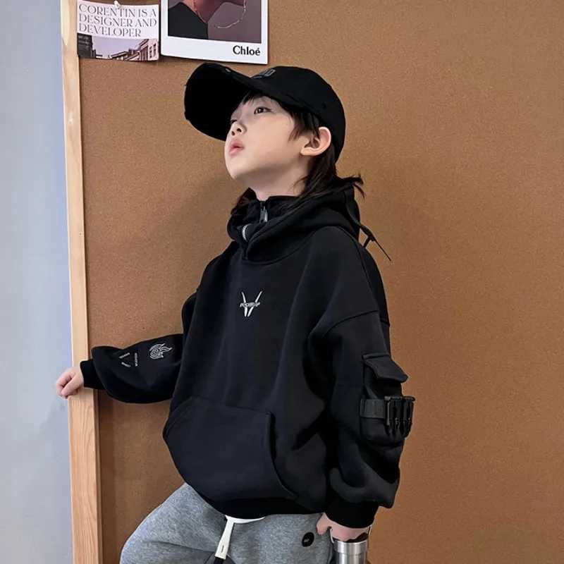 Stylish Boys Fleecelined Pullover Hoodie Mechanical Buckle Hooded Top Trendy Hiphop Dance Performance Outfit for Medium KidsT251030