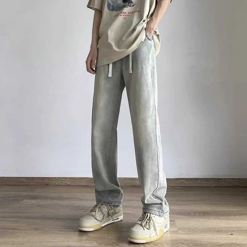 American Trendy Distressed Washed Jeans for Men Loose Fit Spring Vintage Style Split Design Slimming Pants J251030